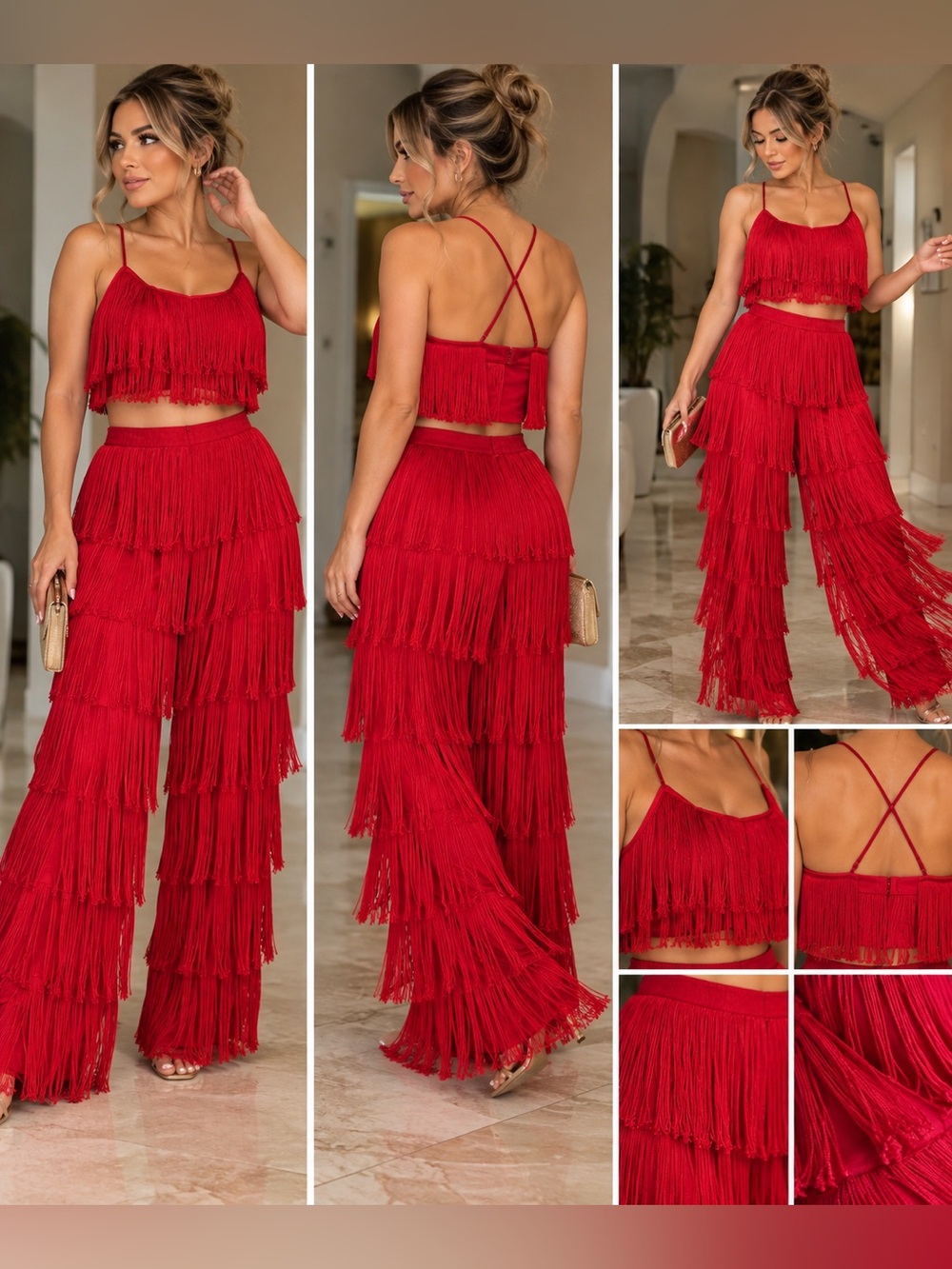 Red Fringe Spaghetti-Strap Camisole Top by